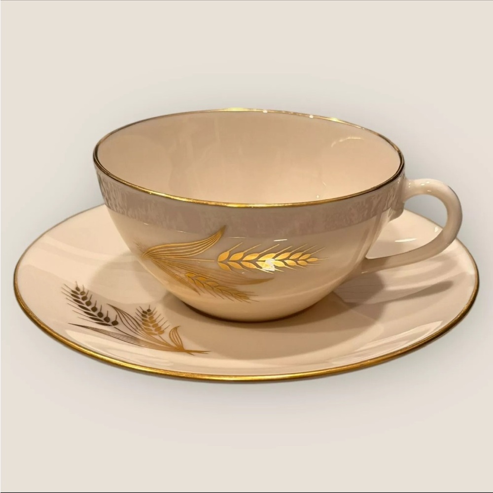 Four (4) Lenox Flat Tea Cup & Saucers Set Wheat R442 24K Gold Trim Bone China - Picture 6 of 10